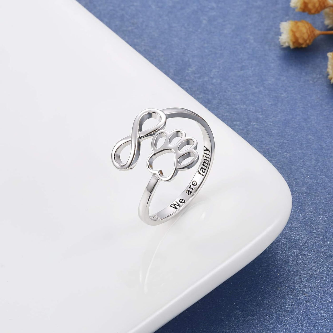 Sterling Silver Paw Print Heart Ring - Adjustable Memory Jewelry for Pet Lovers