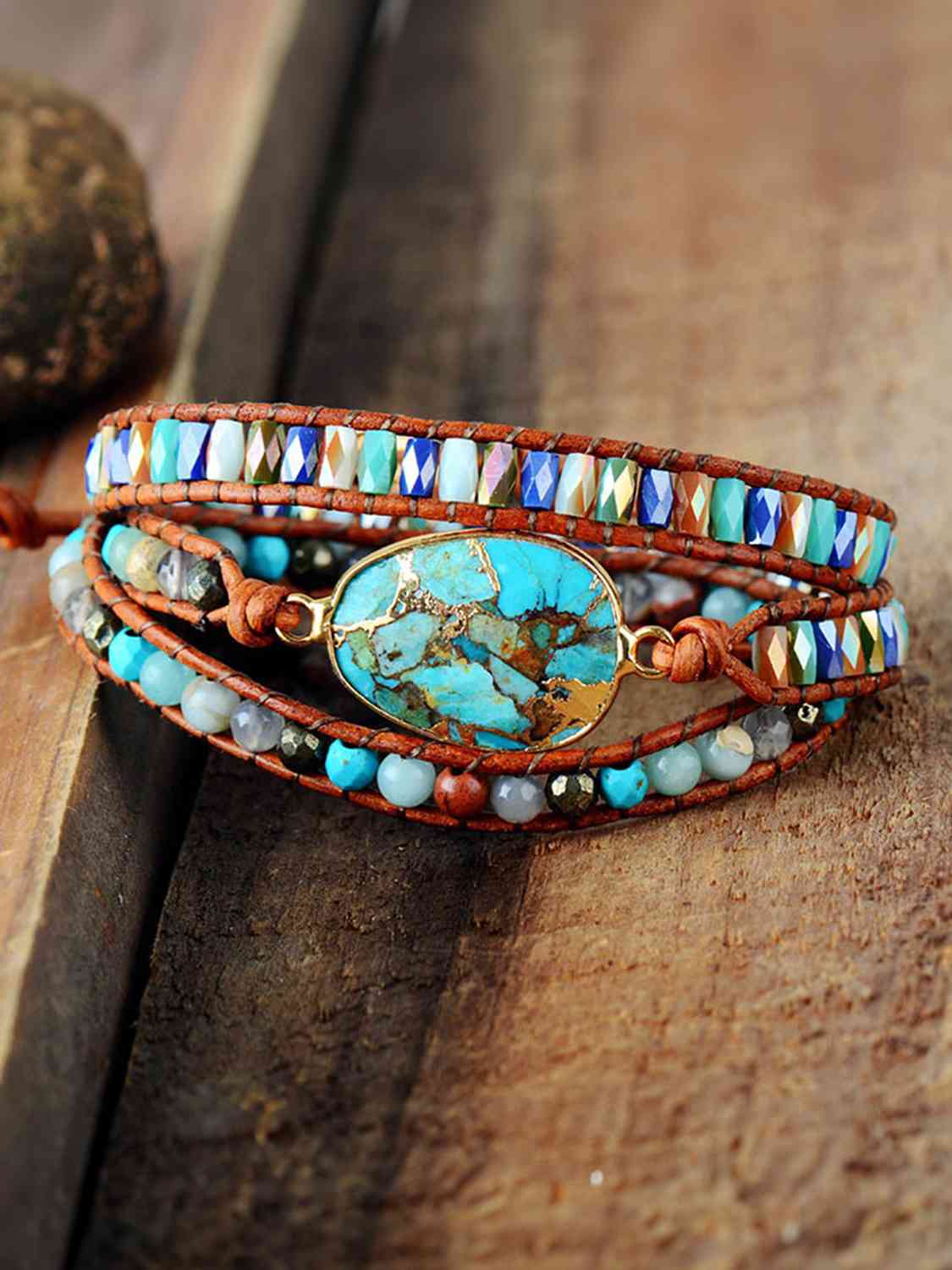Natural Stone Triple-Layer Bracelet with Agate & Pine Wood