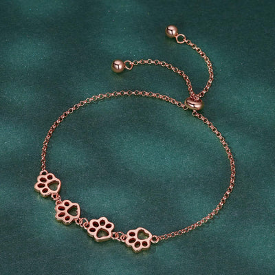 925 Sterling Silver Paw Print Charm Bracelet - Adjustable Pet Memorial Jewelry