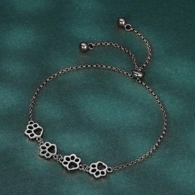 925 Sterling Silver Paw Print Charm Bracelet - Adjustable Pet Memorial Jewelry