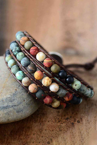 Triple-Layer Agate & Pine Wood Healing Bracelet - Natural Stone Jewelry