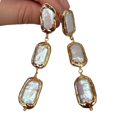 KKGEM 3.1" Natural White Biwa Pearl  with gold plated edge Freshwater Cultured Dangle Wrap Stud Earrings for women