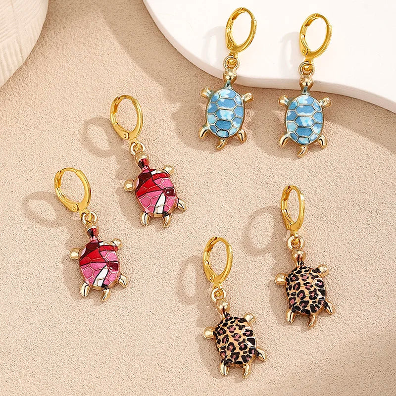 Cute Enamel Leopard Print Red Blue Sea Turtle Huggie Earrings For Women Summer Beach Ocean Jewelry