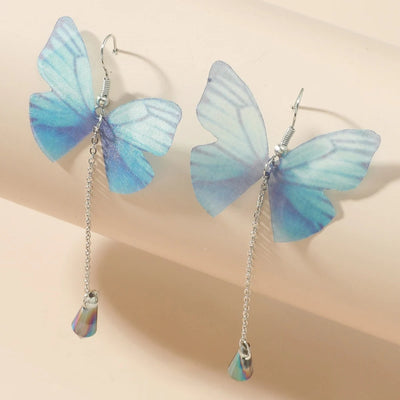 Simple Temperament Fresh Blue Butterfly Shape Crystal Tassel Pendant Earrings Ms. Fashion Items