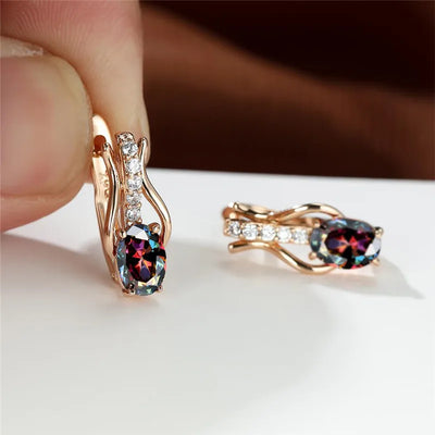 Purple Crystal Oval Stone Earring Female Luxury Engagement Hoop Earrings For Women Bridal Multicolor Birthstone Wedding Jewelry