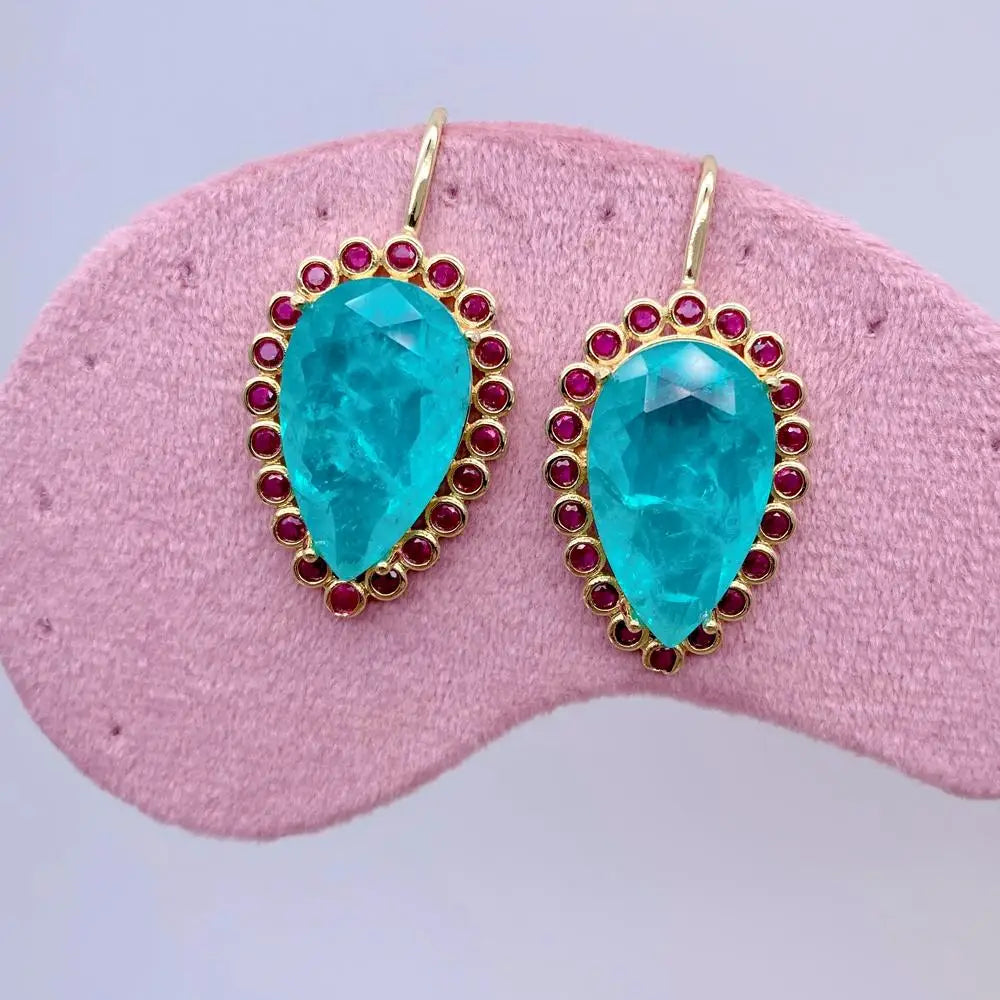 YYGEM 21x31mm Boho Drop Earrings Blue Quartz Fuchsia Cz Teardrop Hook Dangle Earring Jewelry