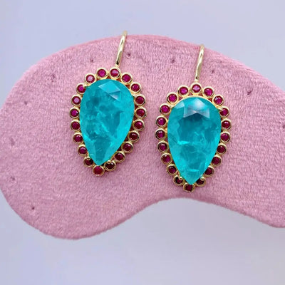 YYGEM 21x31mm Boho Drop Earrings Blue Quartz Fuchsia Cz Teardrop Hook Dangle Earring Jewelry