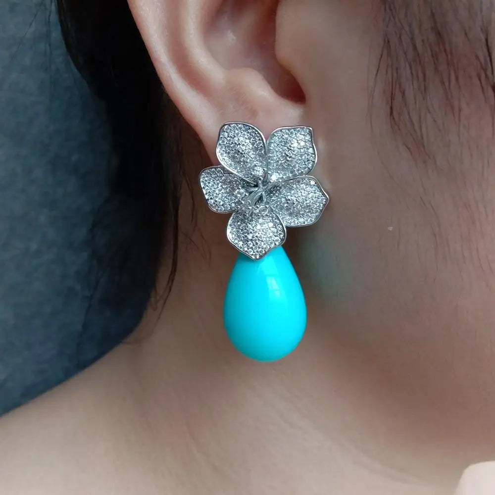 YYGEM 16x27mm Blue Sea Shell Teardrop Cz Pave Flower Stud Gold Plated Stones Earrings Party Elegant Jewelry Dropshipping