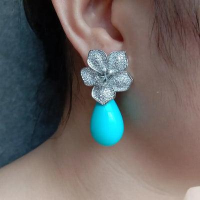 YYGEM 16x27mm Blue Sea Shell Teardrop Cz Pave Flower Stud Gold Plated Stones Earrings Party Elegant Jewelry Dropshipping