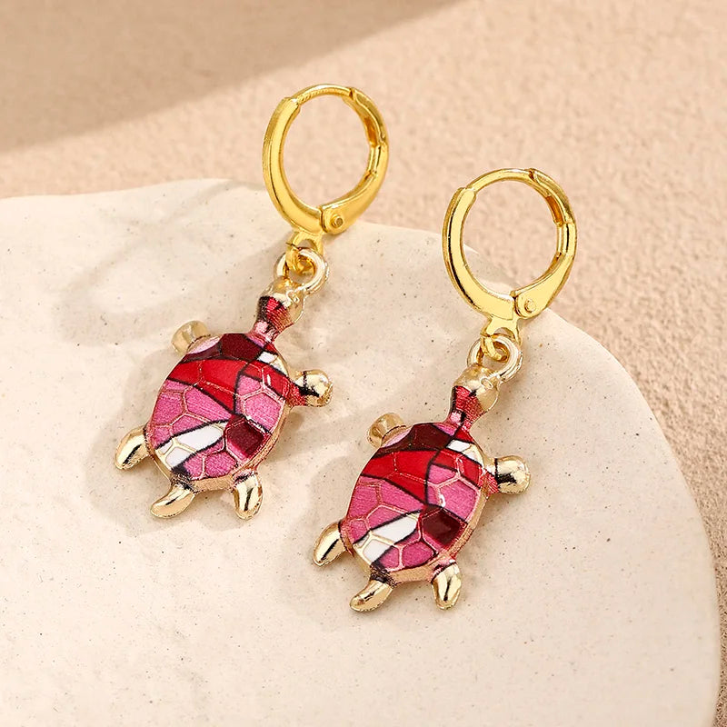 Cute Enamel Leopard Print Red Blue Sea Turtle Huggie Earrings For Women Summer Beach Ocean Jewelry