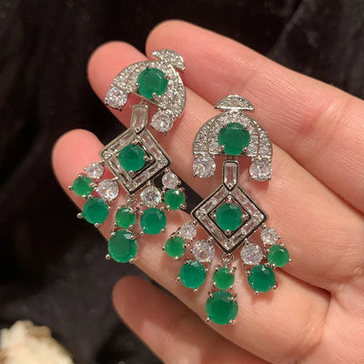 Women Green Drop Earrings S925 Silver Needle Zirconia Copper Long Tassel