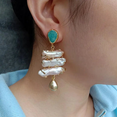 YYGEM Woman Earrings Freshwater 32x31mm Pink Biwa Pearl Green Amazonite Stud Earrings Fashion Jewelry Gift