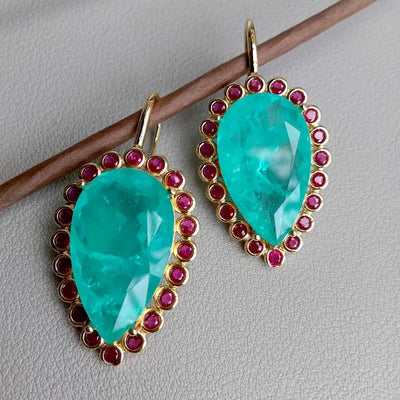 YYGEM 21x31mm Boho Drop Earrings Blue Quartz Fuchsia Cz Teardrop Hook Dangle Earring Jewelry
