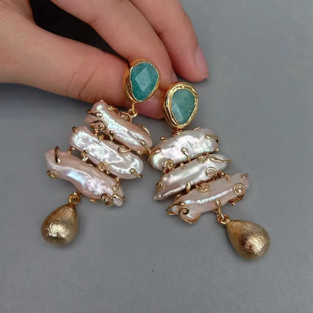 YYGEM Woman Earrings Freshwater 32x31mm Pink Biwa Pearl Green Amazonite Stud Earrings Fashion Jewelry Gift