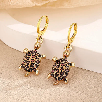 Cute Enamel Leopard Print Red Blue Sea Turtle Huggie Earrings For Women Summer Beach Ocean Jewelry