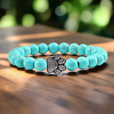 Healing Crystal Pet Memorial Bracelet - Natural Stone Beads with Sterling Silver Paw Charm