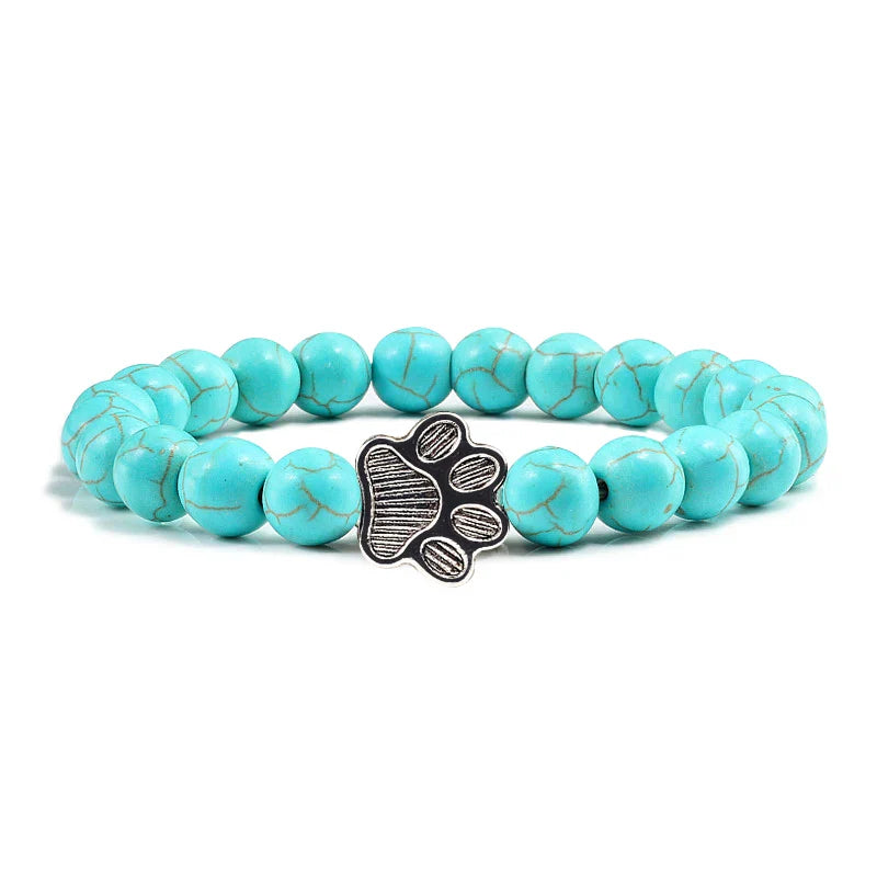 Healing Crystal Pet Memorial Bracelet - Natural Stone Beads with Sterling Silver Paw Charm