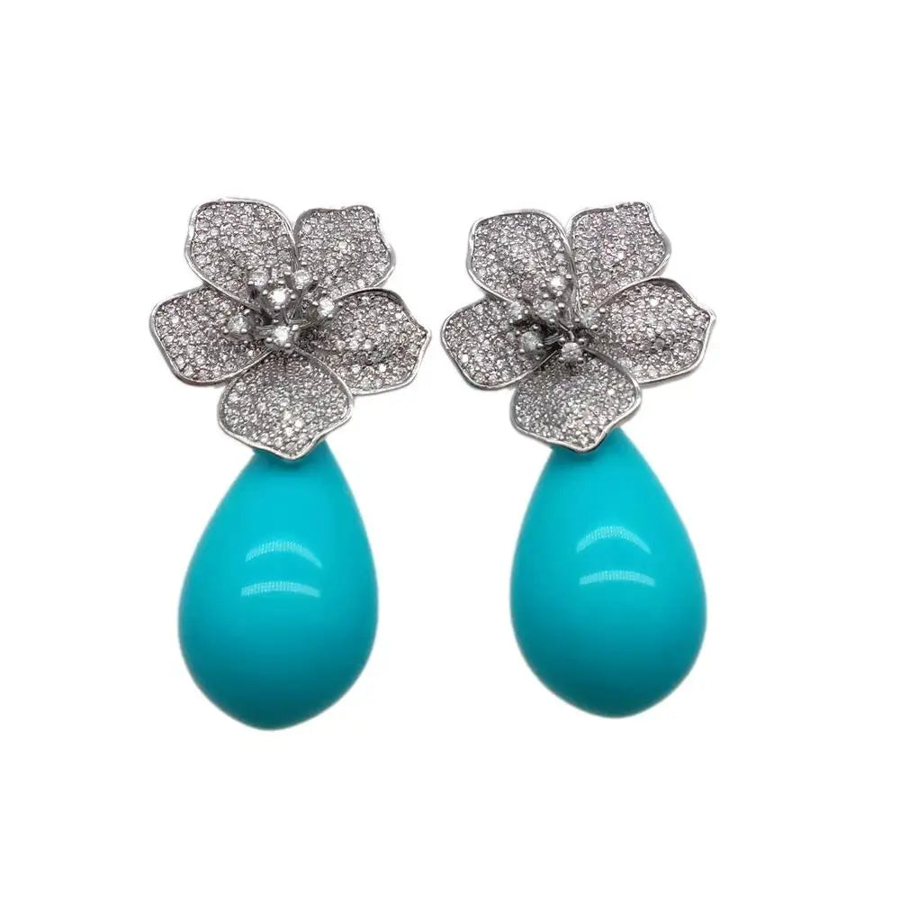 YYGEM 16x27mm Blue Sea Shell Teardrop Cz Pave Flower Stud Gold Plated Stones Earrings Party Elegant Jewelry Dropshipping