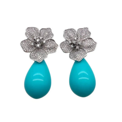 YYGEM 16x27mm Blue Sea Shell Teardrop Cz Pave Flower Stud Gold Plated Stones Earrings Party Elegant Jewelry Dropshipping