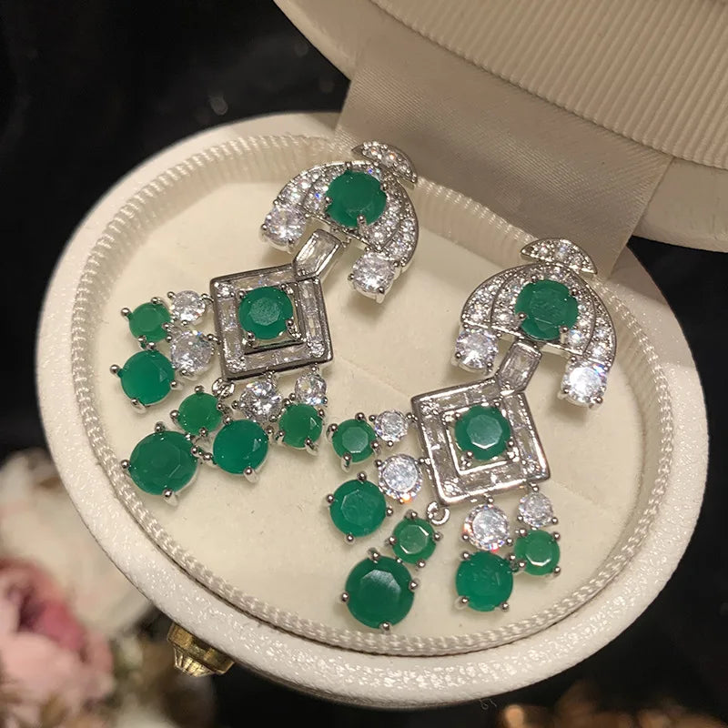 Women Green Drop Earrings S925 Silver Needle Zirconia Copper Long Tassel