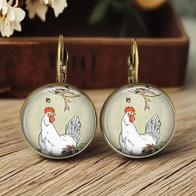 Hot Selling Pop Fox Cat Chicken Jewelry Dome Glass Alloy Earrings Cute Animal Pattern Exquisite Fashion Gift