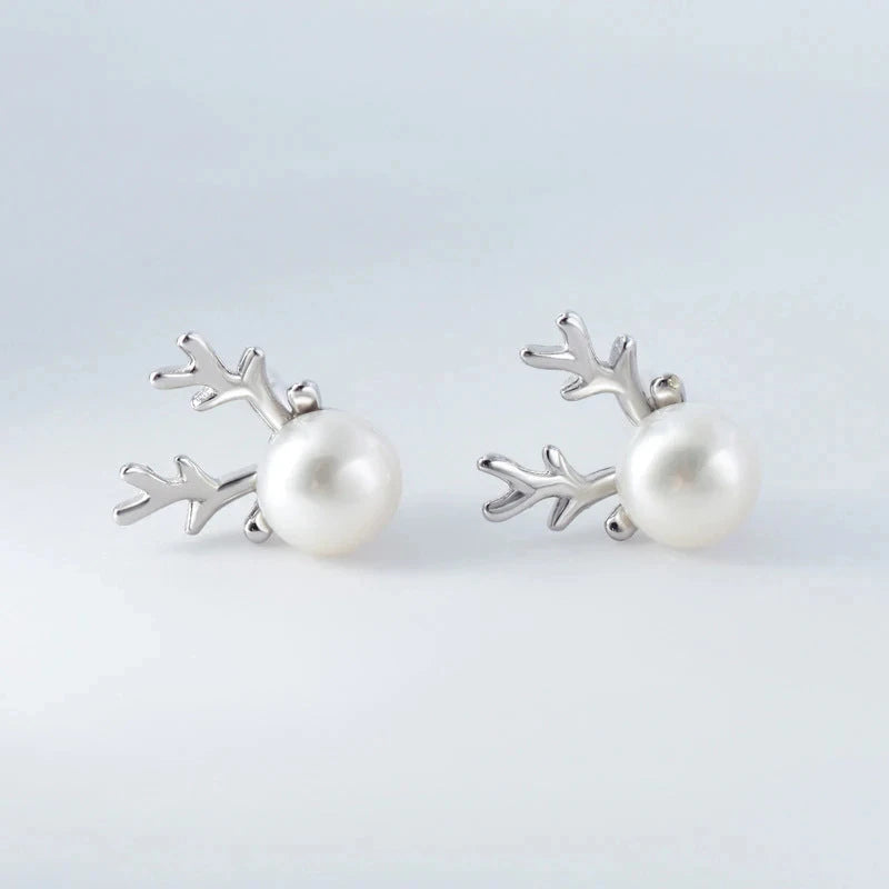 Huitan Christmas Elk Stud Earrings Lady Silver Color Simulated Pearl Ear Nail Accessories Simple Graceful Jewelry for Teen Girls
