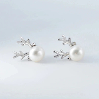 Huitan Christmas Elk Stud Earrings Lady Silver Color Simulated Pearl Ear Nail Accessories Simple Graceful Jewelry for Teen Girls