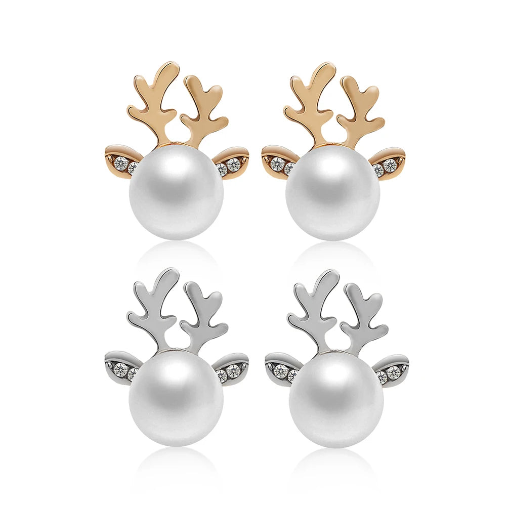 1Pair Women Elegant Xmas Reindeer Ear Stud Fashion Christmas Pearl Deer Earrings Ear Stud Women Girls' Jewelry Hot Sale