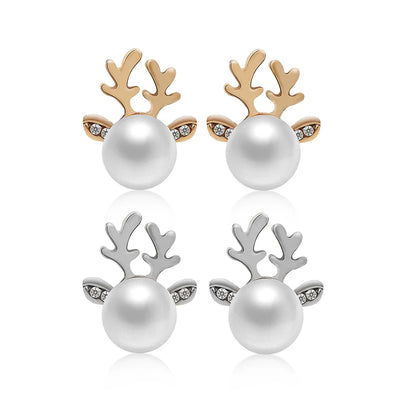 1Pair Women Elegant Xmas Reindeer Ear Stud Fashion Christmas Pearl Deer Earrings Ear Stud Women Girls' Jewelry Hot Sale