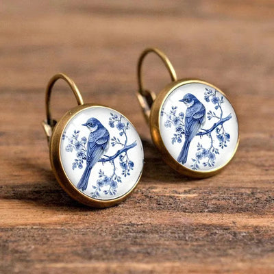 Vintage Blue Magpie Bird Earrings Retro Round Antique Bronze Glass Dome Earrings For Women