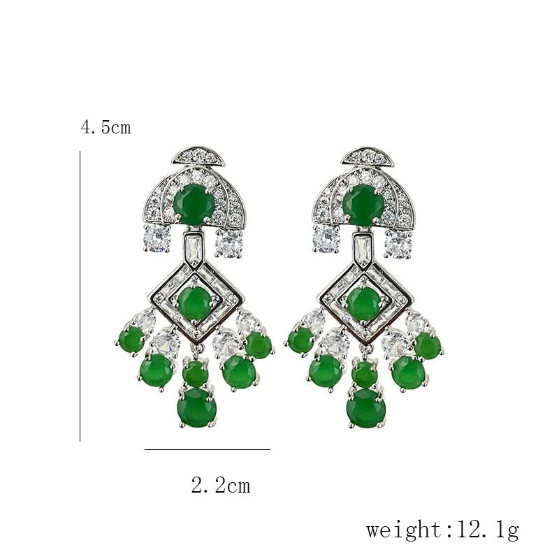 Women Green Drop Earrings S925 Silver Needle Zirconia Copper Long Tassel