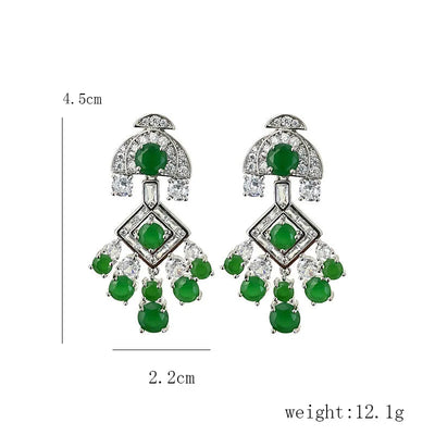 Women Green Drop Earrings S925 Silver Needle Zirconia Copper Long Tassel