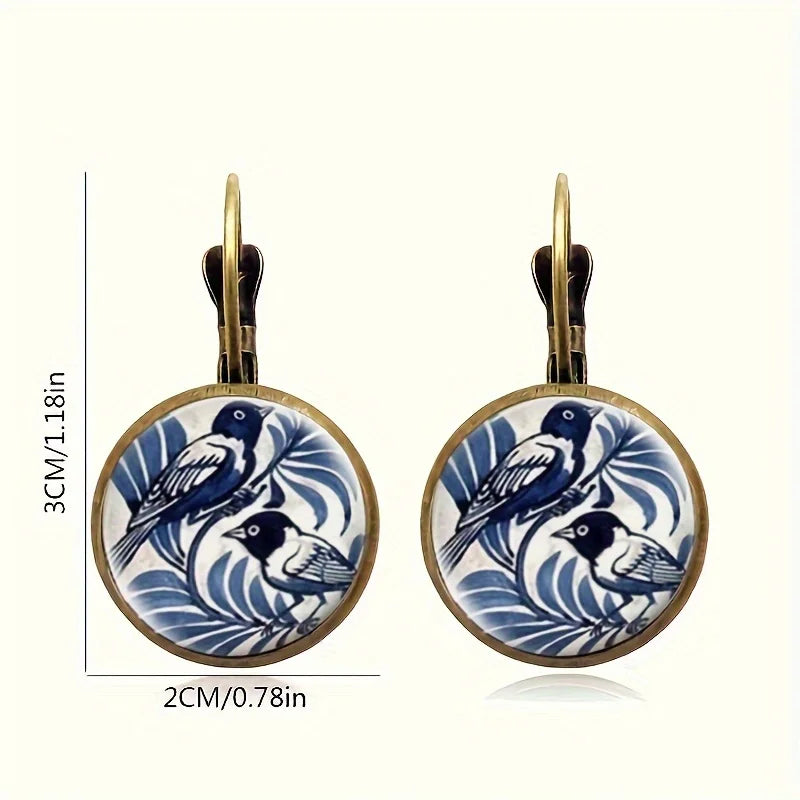Vintage Blue Magpie Bird Earrings Retro Round Antique Bronze Glass Dome Earrings For Women