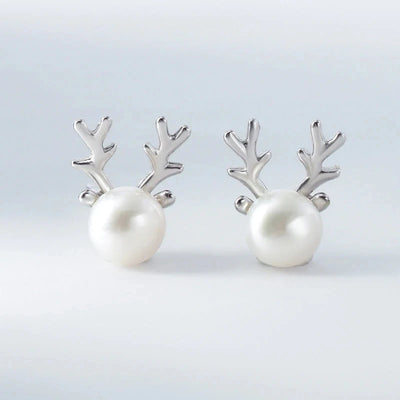 Huitan Christmas Elk Stud Earrings Lady Silver Color Simulated Pearl Ear Nail Accessories Simple Graceful Jewelry for Teen Girls