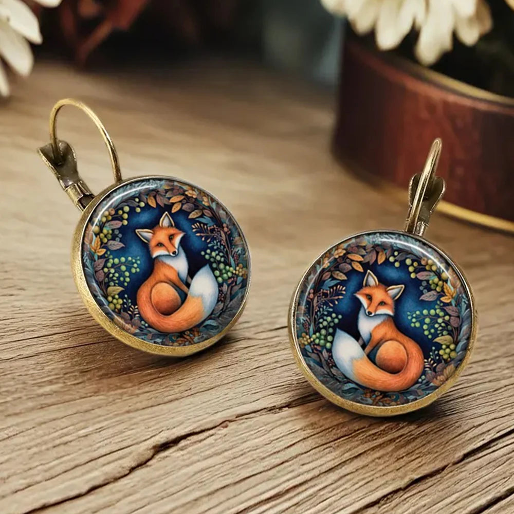 Hot Selling Pop Fox Cat Chicken Jewelry Dome Glass Alloy Earrings Cute Animal Pattern Exquisite Fashion Gift