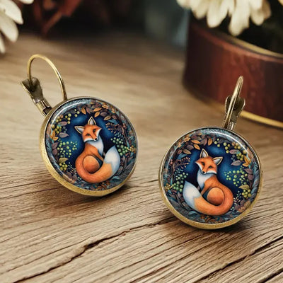 Hot Selling Pop Fox Cat Chicken Jewelry Dome Glass Alloy Earrings Cute Animal Pattern Exquisite Fashion Gift