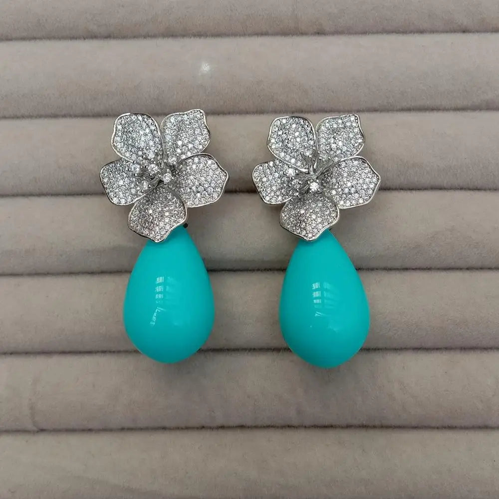 YYGEM 16x27mm Blue Sea Shell Teardrop Cz Pave Flower Stud Gold Plated Stones Earrings Party Elegant Jewelry Dropshipping