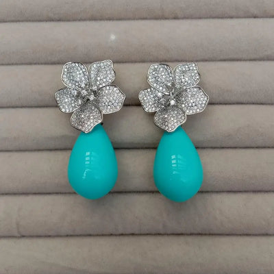 YYGEM 16x27mm Blue Sea Shell Teardrop Cz Pave Flower Stud Gold Plated Stones Earrings Party Elegant Jewelry Dropshipping