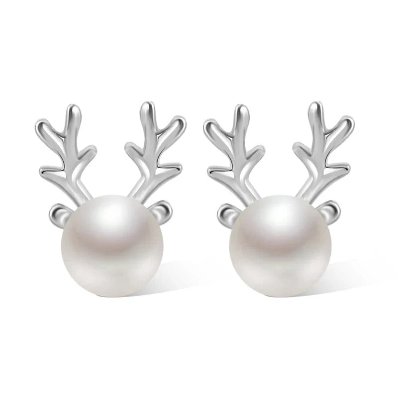 Huitan Christmas Elk Stud Earrings Lady Silver Color Simulated Pearl Ear Nail Accessories Simple Graceful Jewelry for Teen Girls