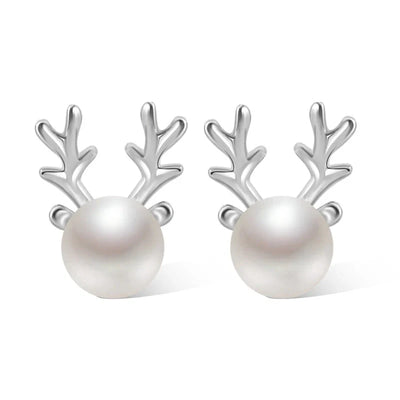 Huitan Christmas Elk Stud Earrings Lady Silver Color Simulated Pearl Ear Nail Accessories Simple Graceful Jewelry for Teen Girls