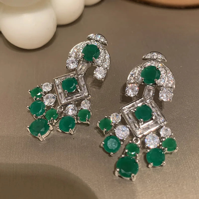 Women Green Drop Earrings S925 Silver Needle Zirconia Copper Long Tassel