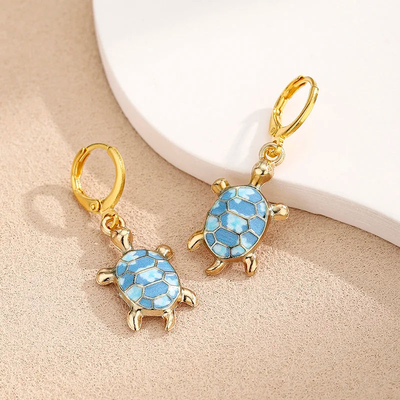 Cute Enamel Leopard Print Red Blue Sea Turtle Huggie Earrings For Women Summer Beach Ocean Jewelry