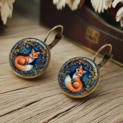 Hot Selling Pop Fox Cat Chicken Jewelry Dome Glass Alloy Earrings Cute Animal Pattern Exquisite Fashion Gift
