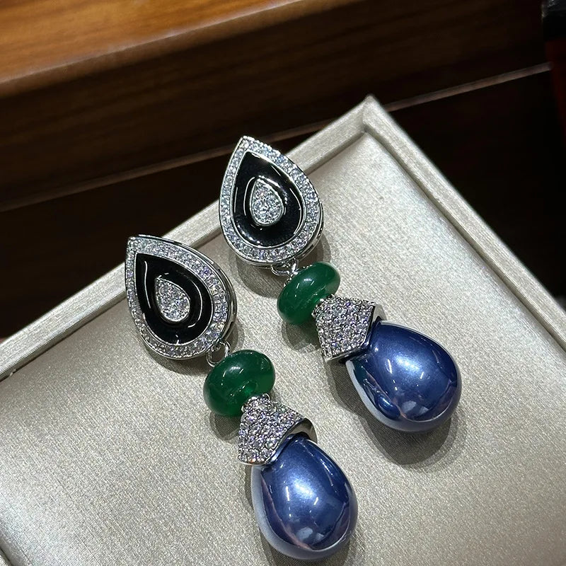 Women Violet Vintage Pearl Pear-shaped Drop Glazed Zircon Silver Pin Earrings