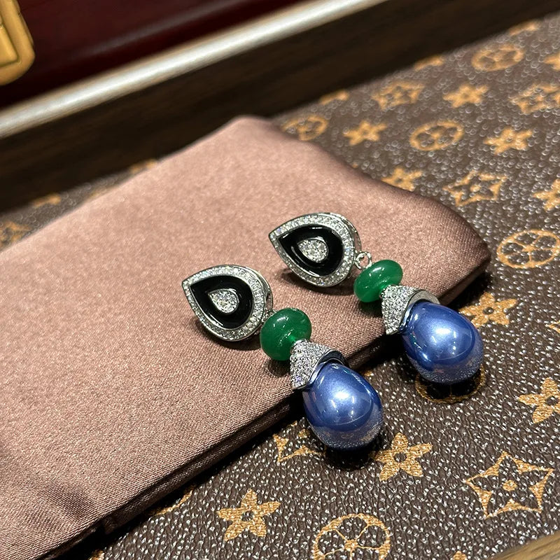 Women Violet Vintage Pearl Pear-shaped Drop Glazed Zircon Silver Pin Earrings