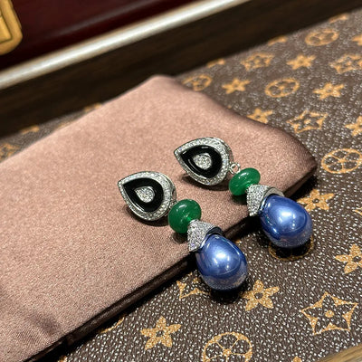 Women Violet Vintage Pearl Pear-shaped Drop Glazed Zircon Silver Pin Earrings