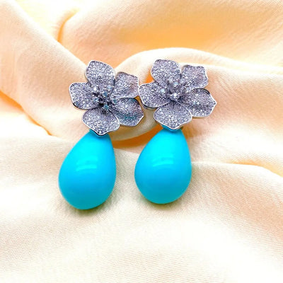 YYGEM 16x27mm Blue Sea Shell Teardrop Cz Pave Flower Stud Gold Plated Stones Earrings Party Elegant Jewelry Dropshipping