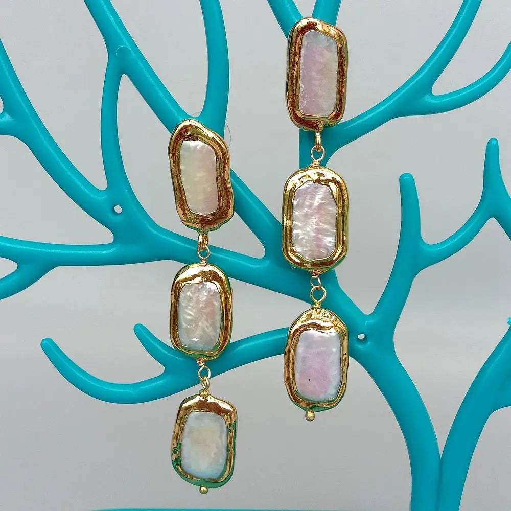 KKGEM 3.1" Natural White Biwa Pearl  with gold plated edge Freshwater Cultured Dangle Wrap Stud Earrings for women