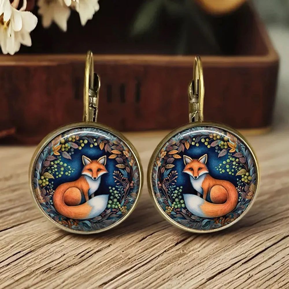 Hot Selling Pop Fox Cat Chicken Jewelry Dome Glass Alloy Earrings Cute Animal Pattern Exquisite Fashion Gift