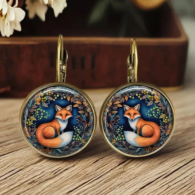 Hot Selling Pop Fox Cat Chicken Jewelry Dome Glass Alloy Earrings Cute Animal Pattern Exquisite Fashion Gift